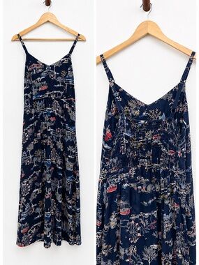 Old Navy Navy Scenic Toile Print Smocked Midi Maxi Dress M